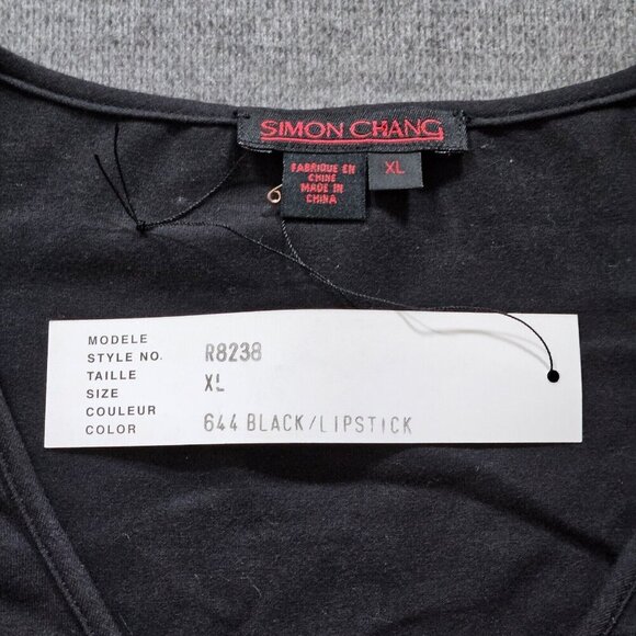 Simon Chang Top XL Womens Black Pink Ribbon 3/4 Sleeve V Neck Y2K Office Boho - Picture 3 of 11